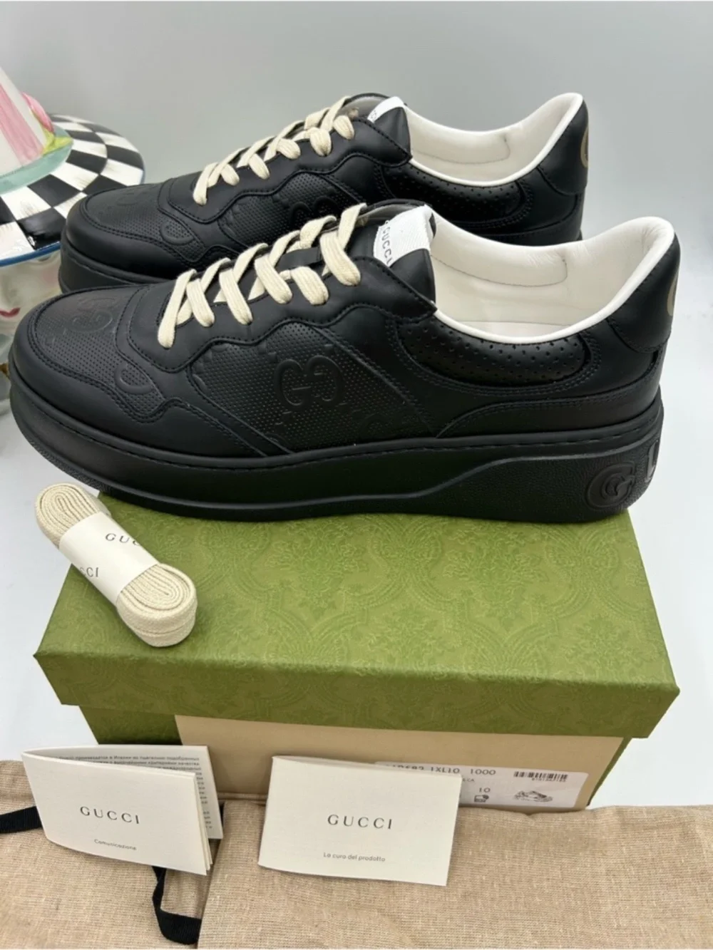 Men’s Gucci GG Embossed Black Leather Sneakers.  Size 10.(fits 10.5.)
